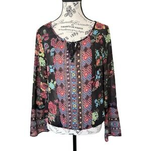 Floral Boho Blouse Women Sz S Black Long Bell Sleeve Ruched Waist Casual Top